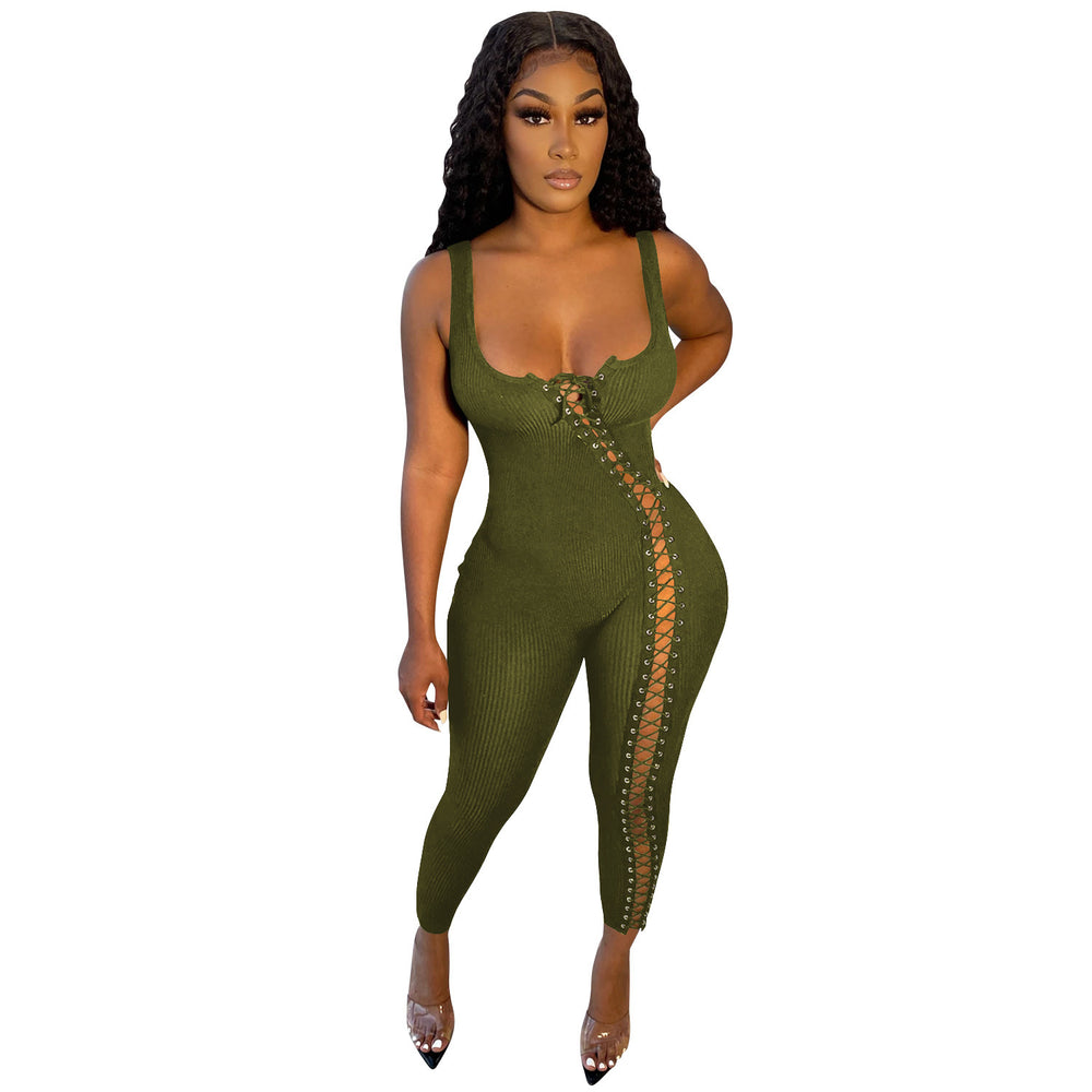 C5245    european and american women's fashion summer new sexy strappy hollow-out jumpsuit