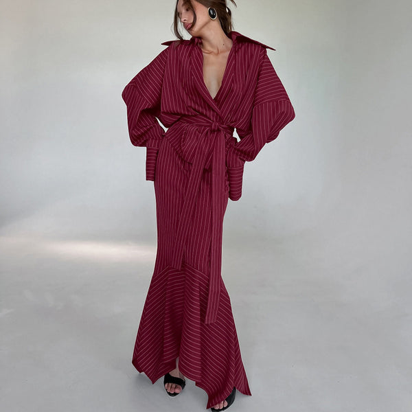 European and American sexy deep v low-cut lace-up shirt split-fork harpoon skirt two-piece set design sense red striped suit women