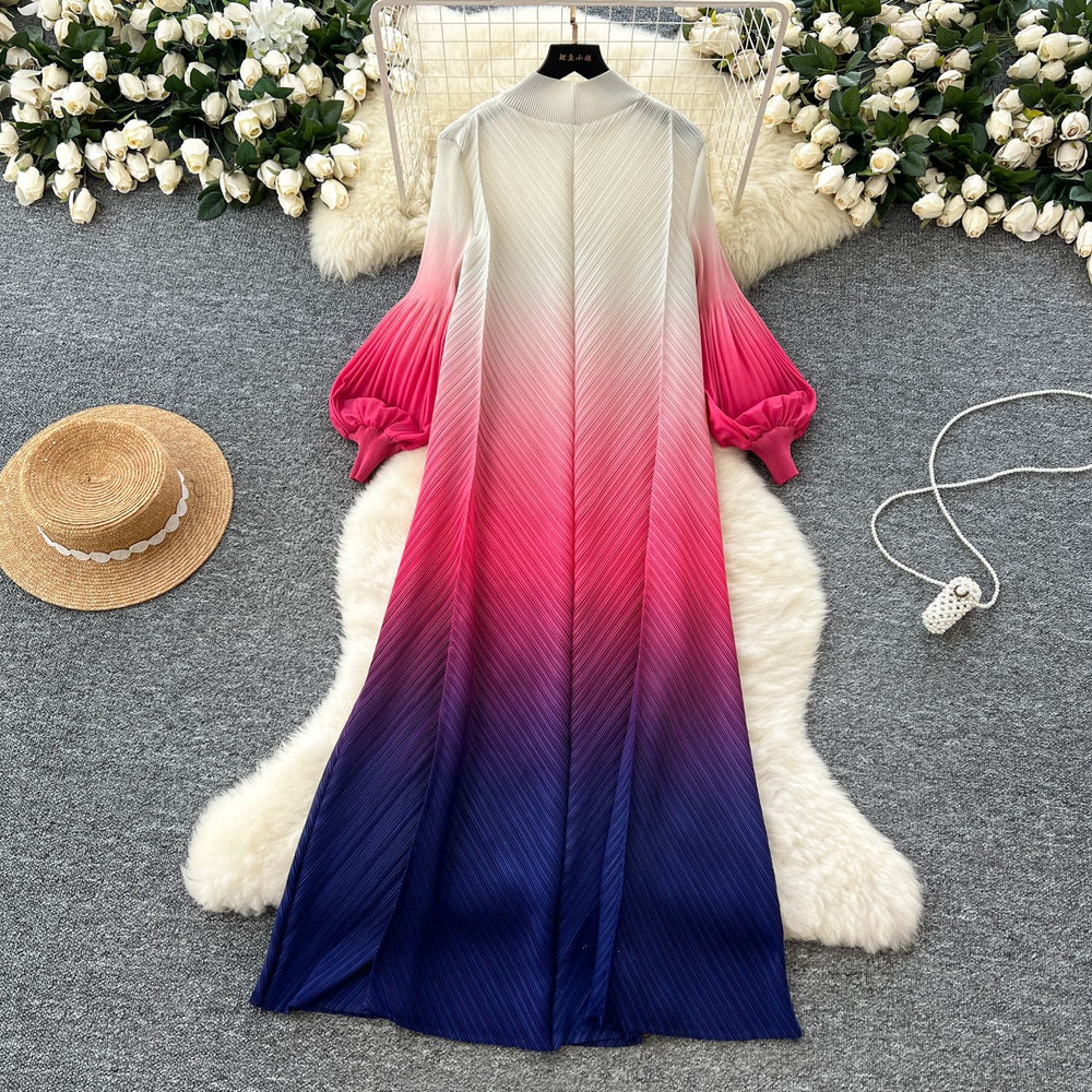 fashion gradient lantern sleeve pleated dress - women's spring/autumn loose a-line maxi dress