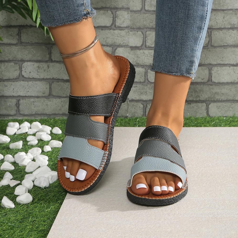 European and american export plus size patchwork flat slippers women's cross-border round toe woven one-strap outdoor beach sandals