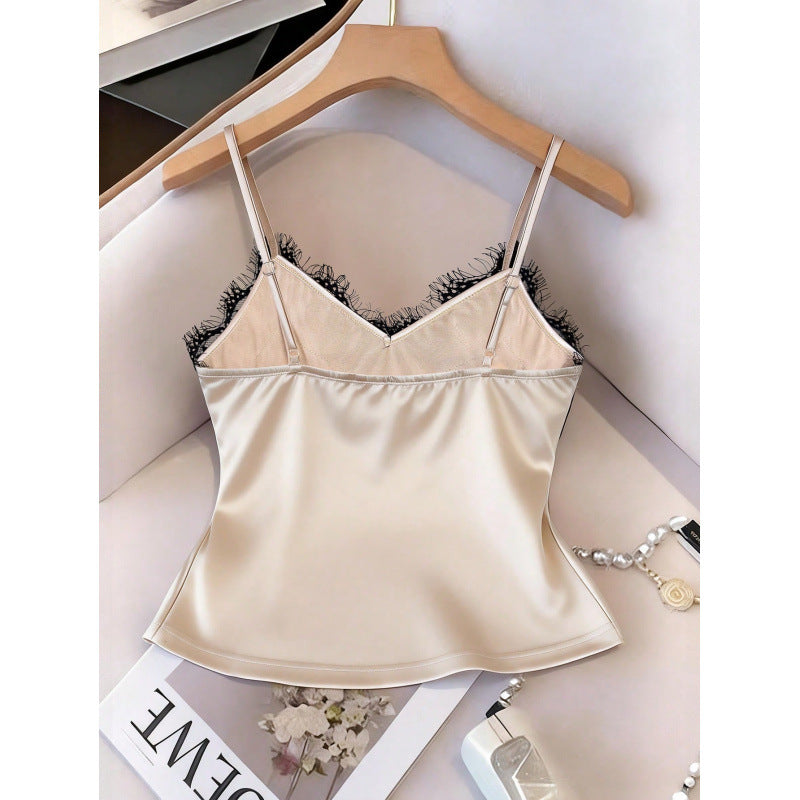 Women's summer new french chic fashion lace trim knitted satin camisole