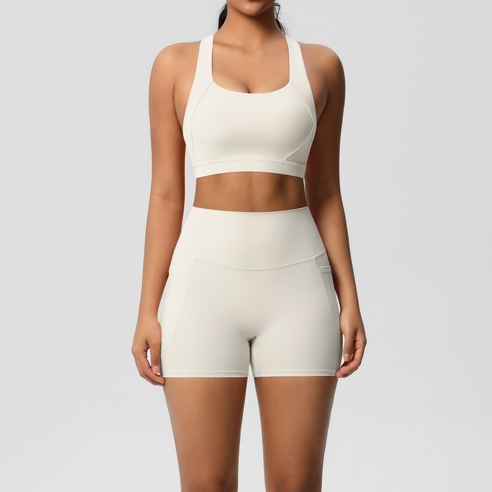 European and american cross-border double-sided brushed sports bra and pocket shorts set - pilates, running, fitness, and yoga apparel