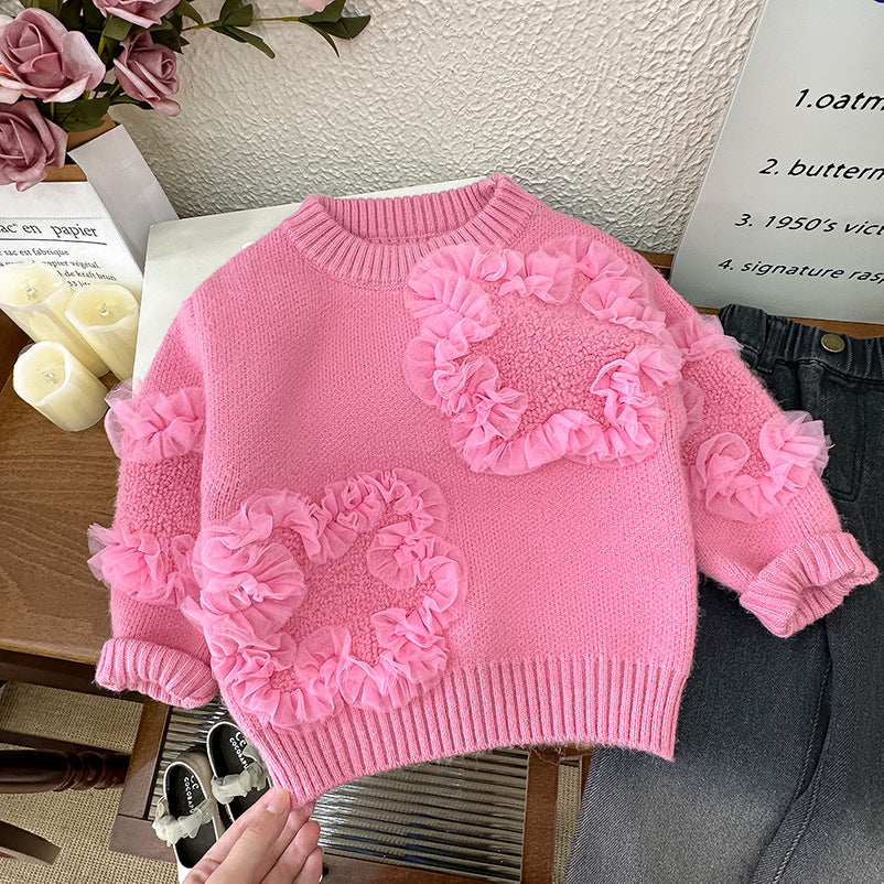 Girls' knit sweater - spring  korean style 3d floral knit top & trendy jeans two-piece set