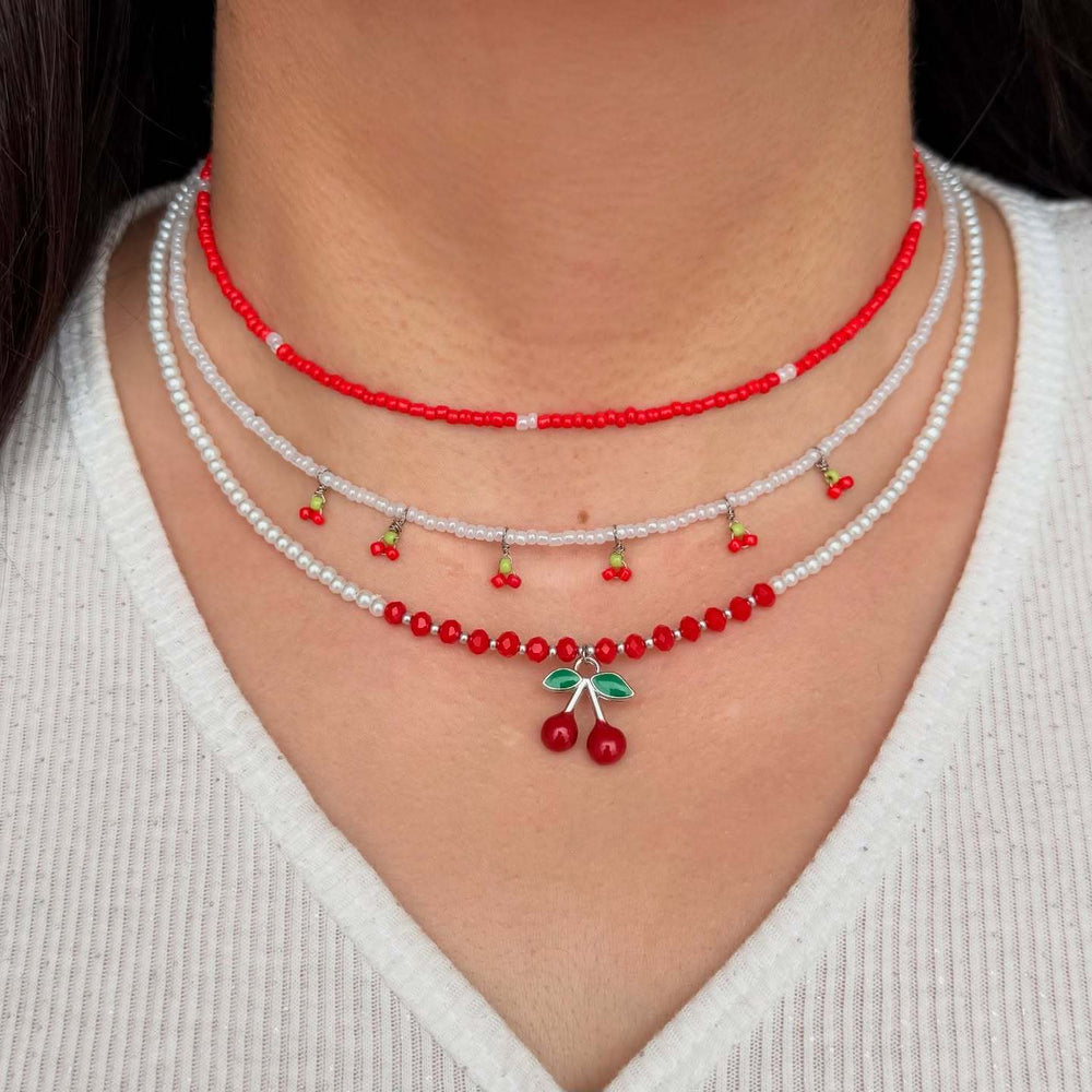 European and american cross-border cherry necklace set - multi-layered design, summer fresh style, rice bead chain accessories, women's necklace