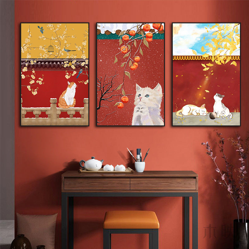 Palace Museum painting Chinese hotel restaurant private room box antique red decorative painting hotel living room cat mural