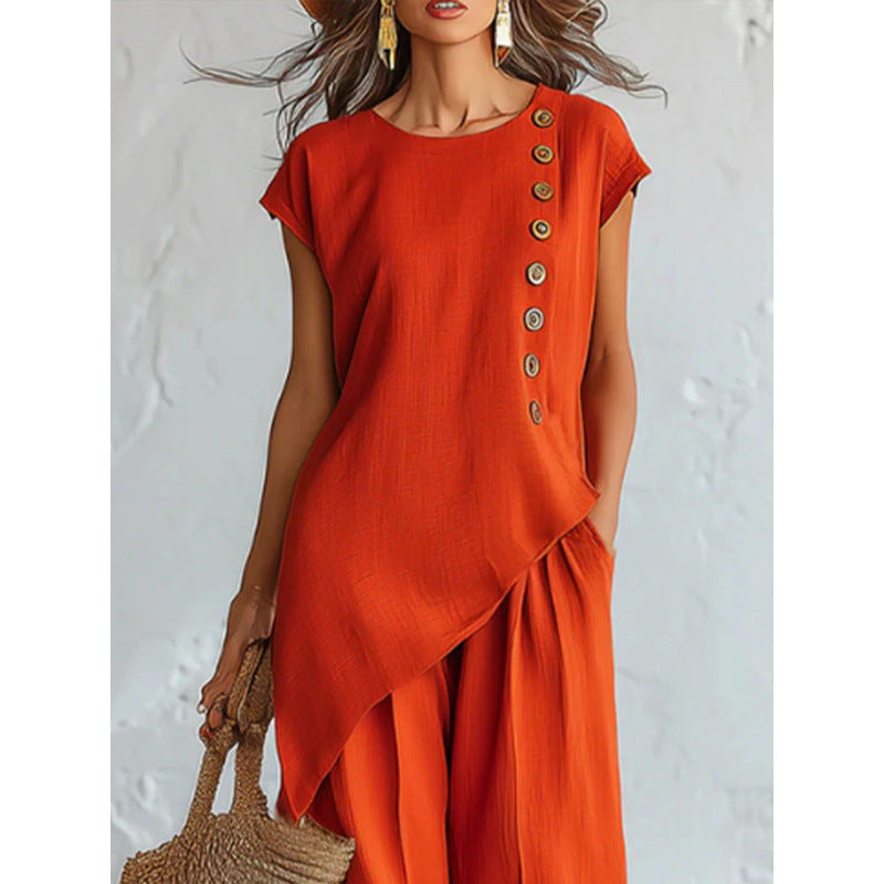 Amazon european fashion casual chic solid color crew neck irregular top & summer casual pants two-piece set