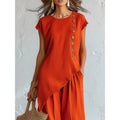 Amazon european fashion casual chic solid color crew neck irregular top & summer casual pants two-piece set