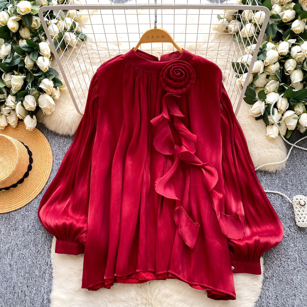 French aristocrat court style 3d floral embellished long sleeve blouse - unique, chic, and high-end women's top