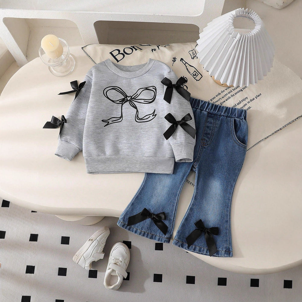 Spring/summer girls' versatile sweatshirt with bow print detail, long sleeve top + solid black pants