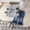 Spring/summer girls' versatile sweatshirt with bow print detail, long sleeve top + solid black pants
