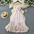 Vacation-style printed cami dress - romantic floral embroidery, korean high-waisted slimming maxi dress for women's summer