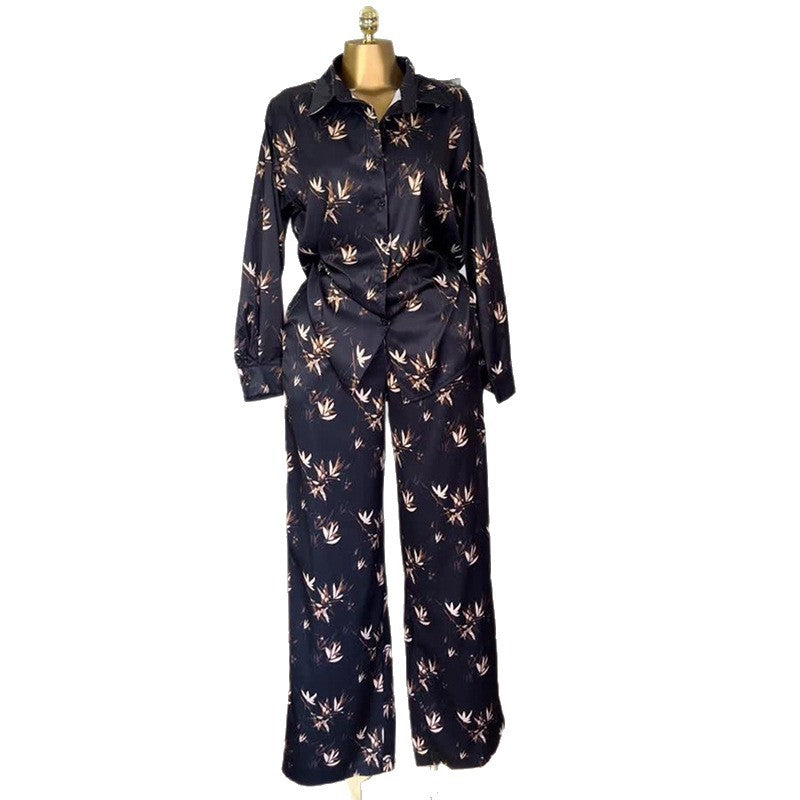 European and american cross-border women's fashion:  autumn new collection - stylish turn-down collar printed long-sleeve shirt and high-waisted trousers casual set