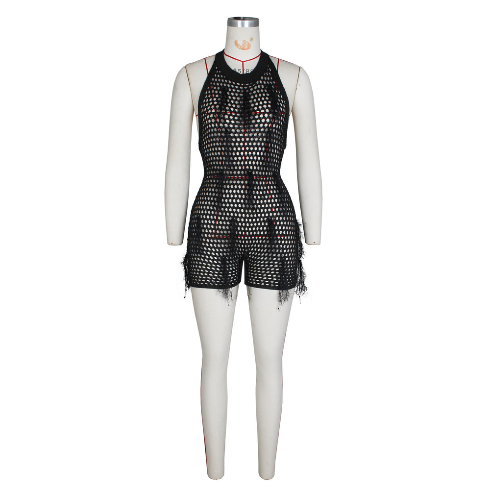 e-commerce: european and american style sexy halter neck knitted hollow-out bodysuit with handmade tassel short jumpsuit