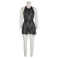 e-commerce: european and american style sexy halter neck knitted hollow-out bodysuit with handmade tassel short jumpsuit