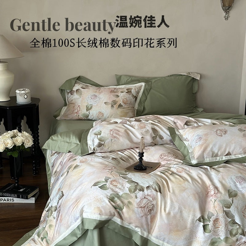 Spring and summer pastoral 100S long-staple cotton digital printing four-piece cotton wide-edge quilt cover for sleeping naked on a pure cotton bed
