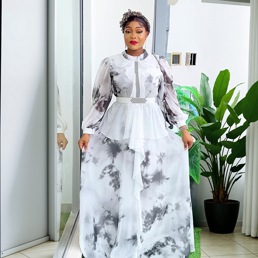 Amazon new arrivalretrolongrufflesdress cross-border foreign trade  african printing long skirt