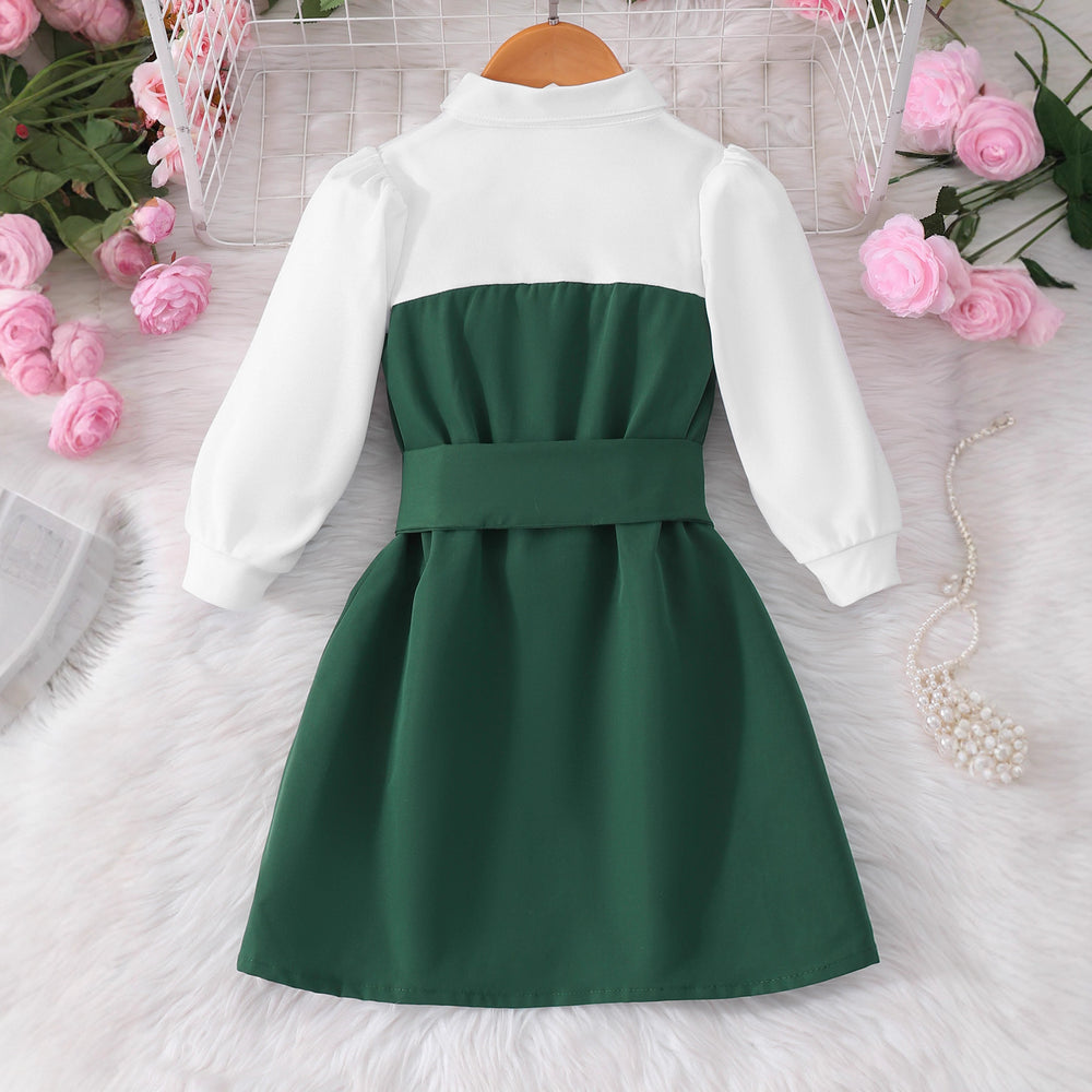 Girls' dress, button-down collar patchwork dress + belt
