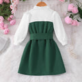 Girls' dress, button-down collar patchwork dress + belt