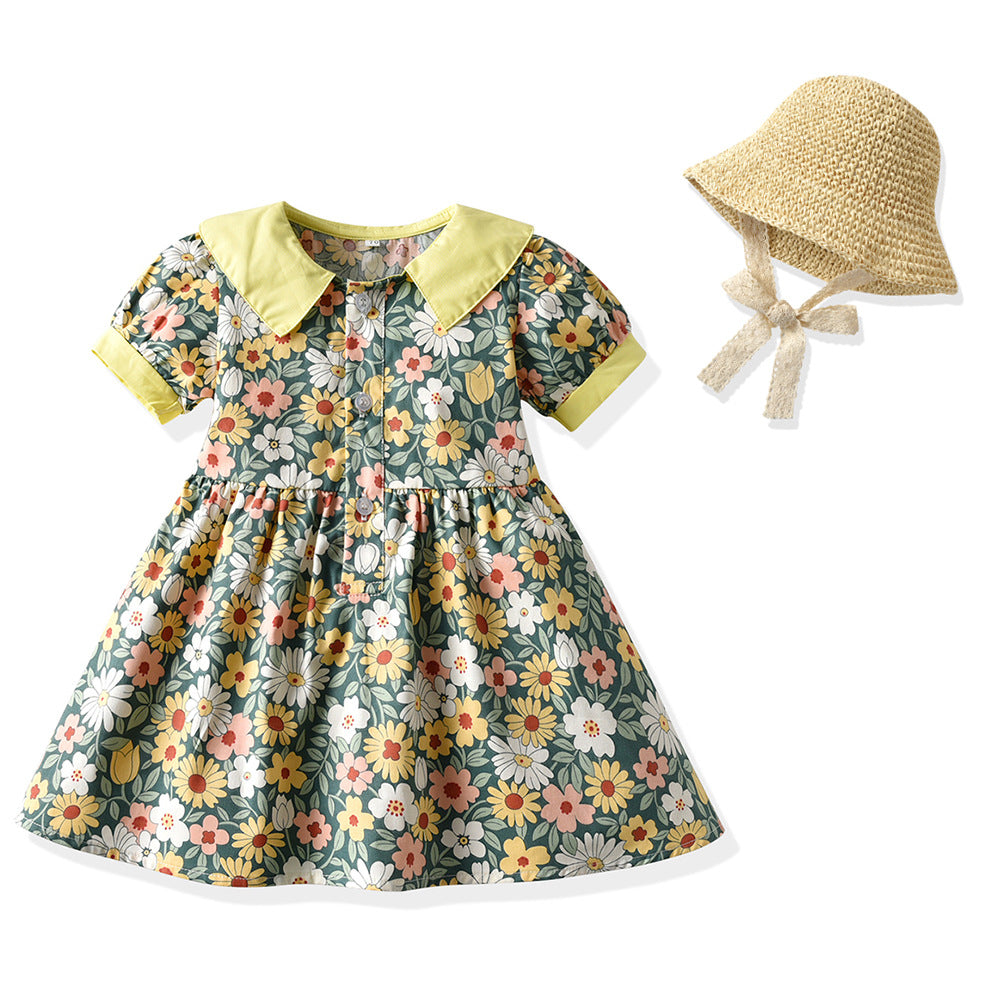 Girls' floral print cotton dress with straw hat - vintage-inspired, chic, and sweet