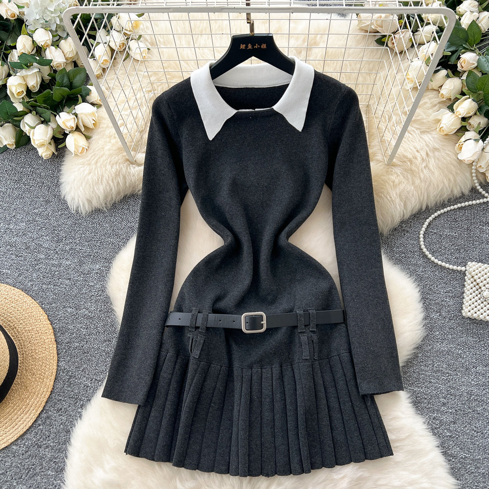 Preppy style retrosense of designfake two-piece knittingdressfemalefall and wintermatching belt silmpleated skirt