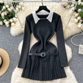 Preppy style retrosense of designfake two-piece knittingdressfemalefall and wintermatching belt silmpleated skirt