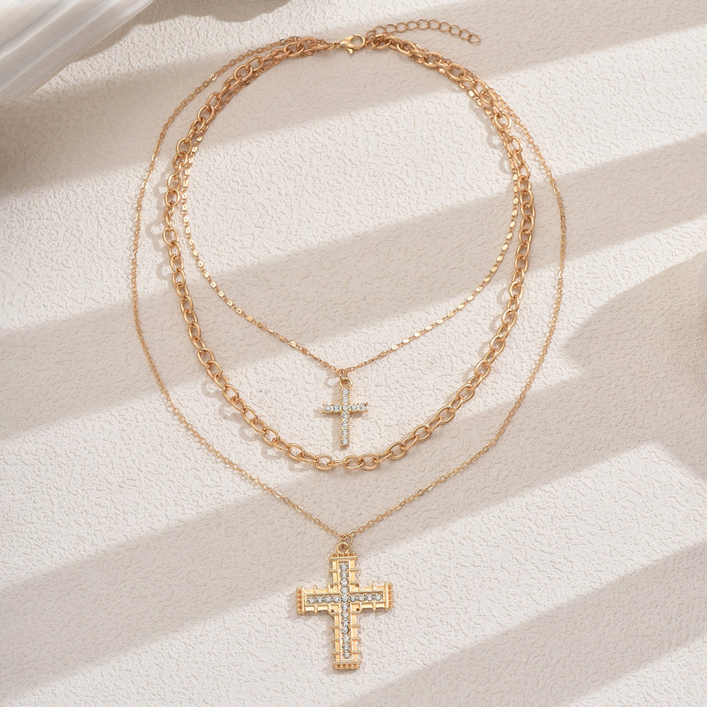 European and american cross-border fashion trend double-layer cross pendant necklace - unique design, sweet & cool, diamond-studded creative clavicle chain