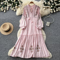 Vintage-inspired, heavily embroidered, unique and elegant women's long-sleeve dress - tie-waist a-line maxi dress, slimming and tummy-concealing