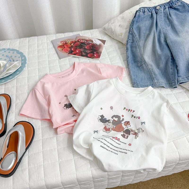 Kids' short-sleeve t-shirt - summer  new korean style cartoon cute puppy girl's top - trendy half-sleeve base layer