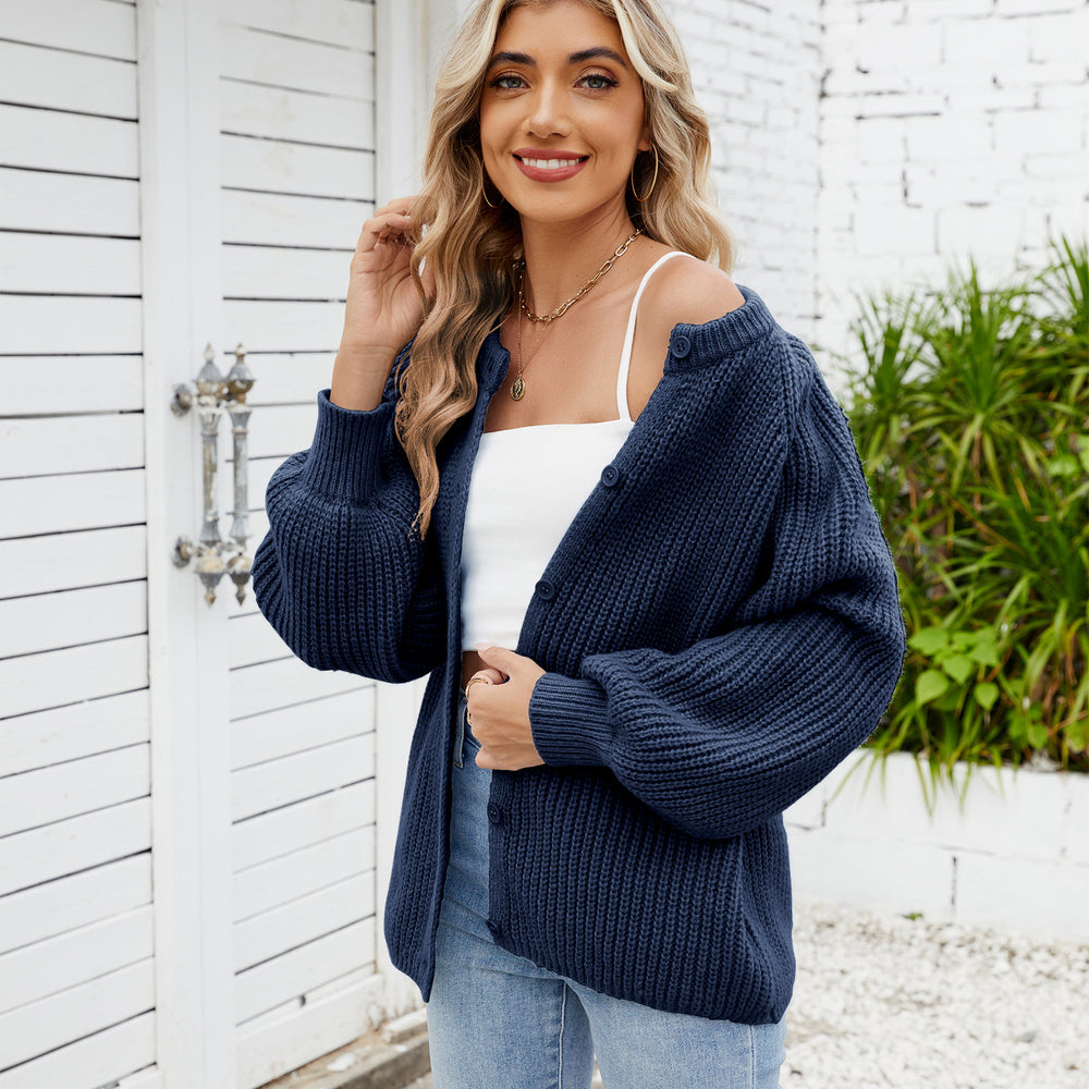 Fashion cross-border export women's clothing new arrival   loosecasual round neck sweater one-row button tops trendy