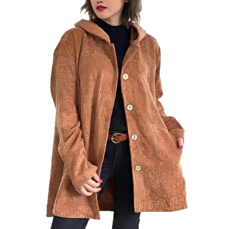 cross-border fashion women's autumn/winter new arrivals: -style hooded, loose-fit corduroy casual jacket for women