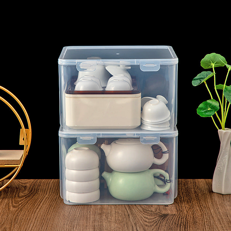 Japanese-style teacup tea set storage box Outdoor plastic transparent storage box with lid can be stacked with dustproof desktop storage box