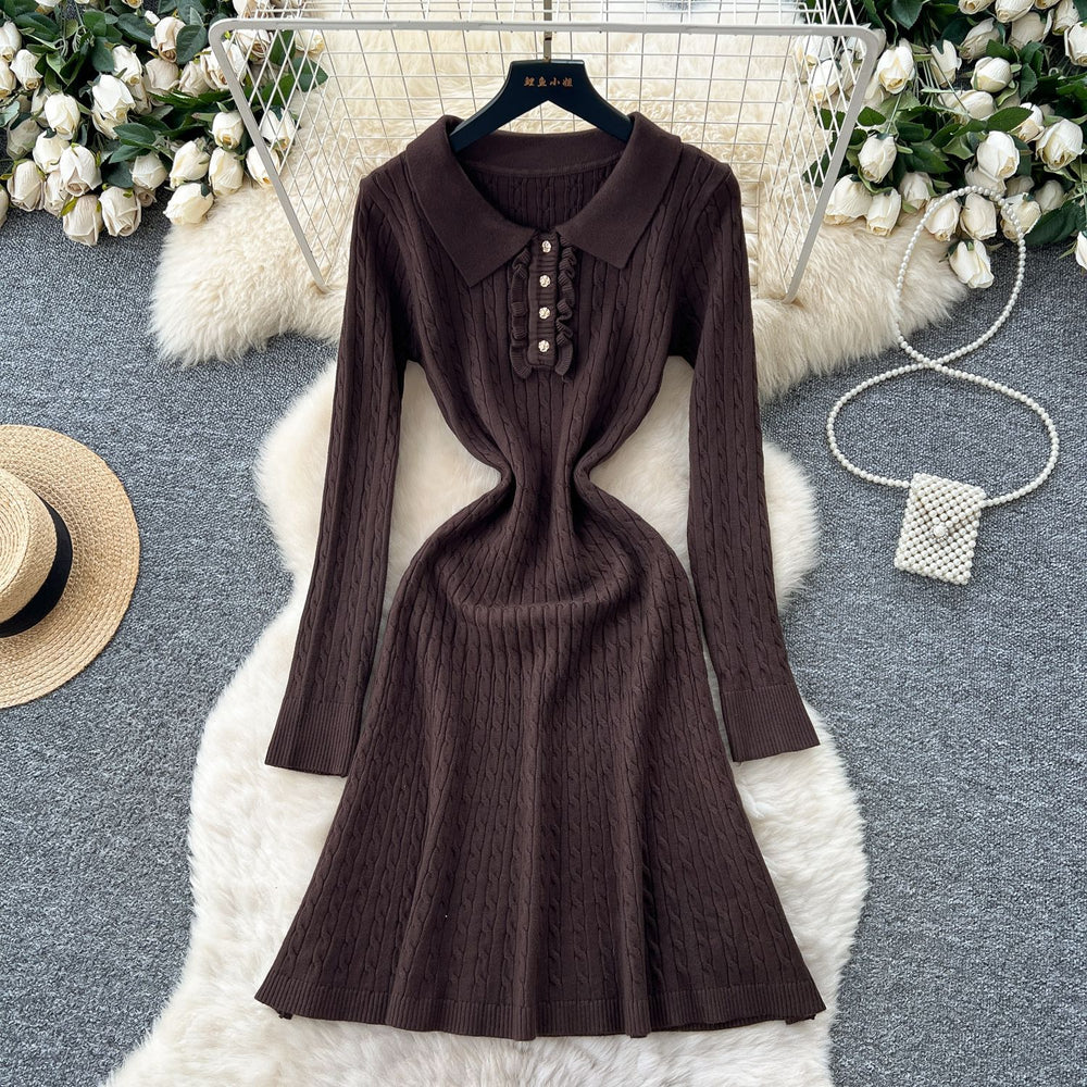 Celebrity niche styleclassy sense lapel fungus edgepatchworklong sleevesknittingdress women's autumn waist slimming looksweater skirt