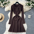 Celebrity niche styleclassy sense lapel fungus edgepatchworklong sleevesknittingdress women's autumn waist slimming looksweater skirt