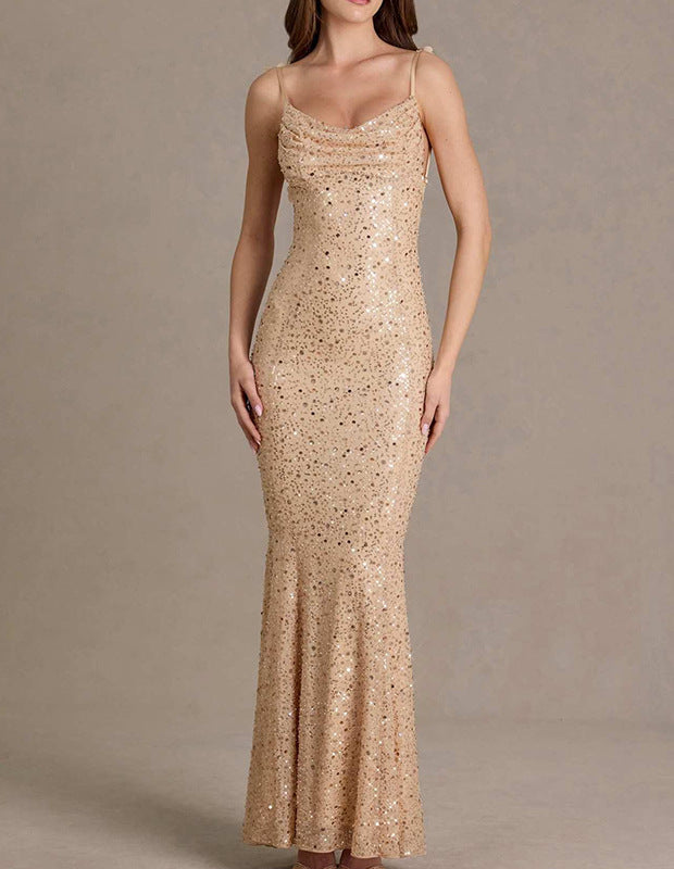 european and american cross-border celebrity style sequin beaded tube top mermaid dress evening party backless slim fit maxi dress