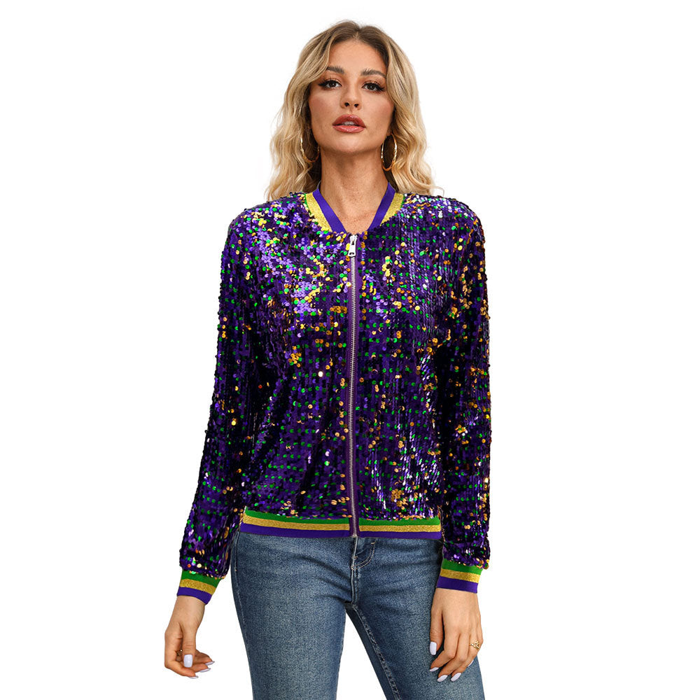 10346 Cross-border Europe, America,  long-sleeved sequins fashion trend baseball jacket cardigan women's jacket