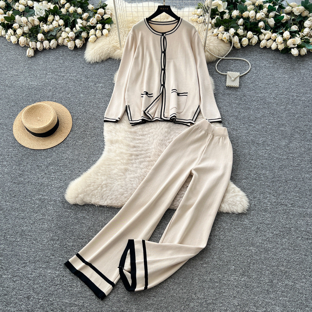 Xiaoxiangfengtwo-piece setfemalefall and winterfashioncontrast color round necklooseknittingcardigantopshigh waistloose pants