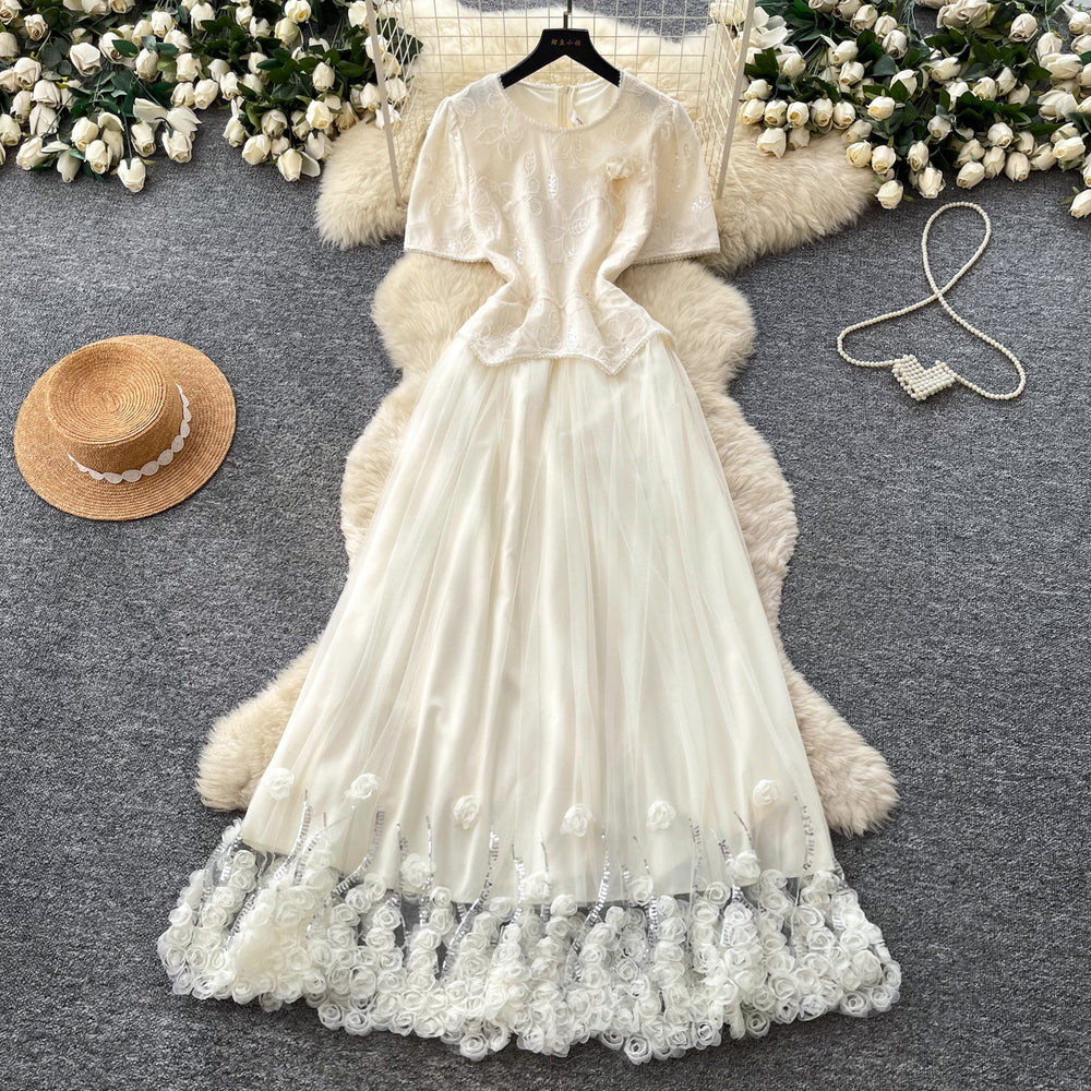 French chic korean style short sleeve lace dress - women's summer high-end elegant a-line maxi dress