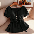 Simple square neck heart-shaped collar solid color blouse with puff sleeves and belted waist – slimming and elegant women's apparel, 1688 source