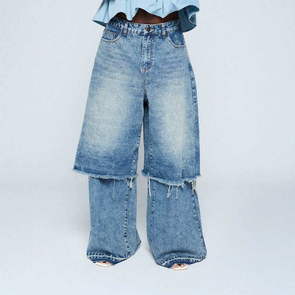 Fashionjeans women's washed fake two-piece raw edge loose pants high waist mop street looseplus sizestraight-legpants