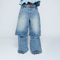 Fashionjeans women's washed fake two-piece raw edge loose pants high waist mop street looseplus sizestraight-legpants