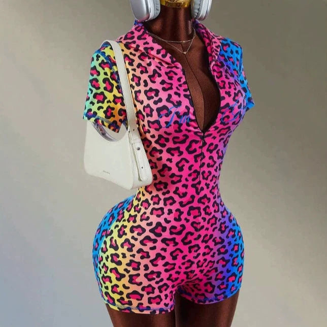 Amazon amplova women's leopard print zipper short sleeve hooded sports jumpsuit daily autum gym wear