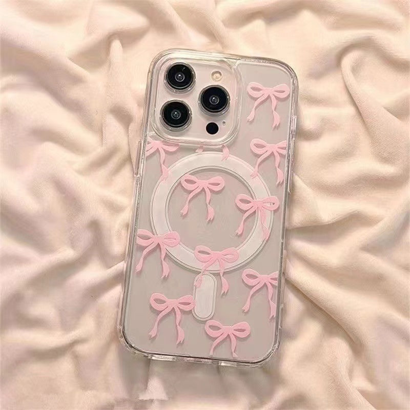 New arrival suitable for apple 17promax mobile phone case 16plus blue pink bow magnetic transparent mobile phone protective case