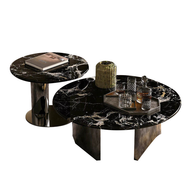 Ready-to-ship marble coffee table - luxury round coffee table with black rose design - natural stone, high-end style for home living room