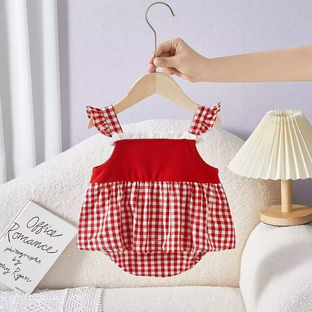 baby bodysuit summer new sweet cherry plaid romper baby girl suspender dress first birthday outfit trendy