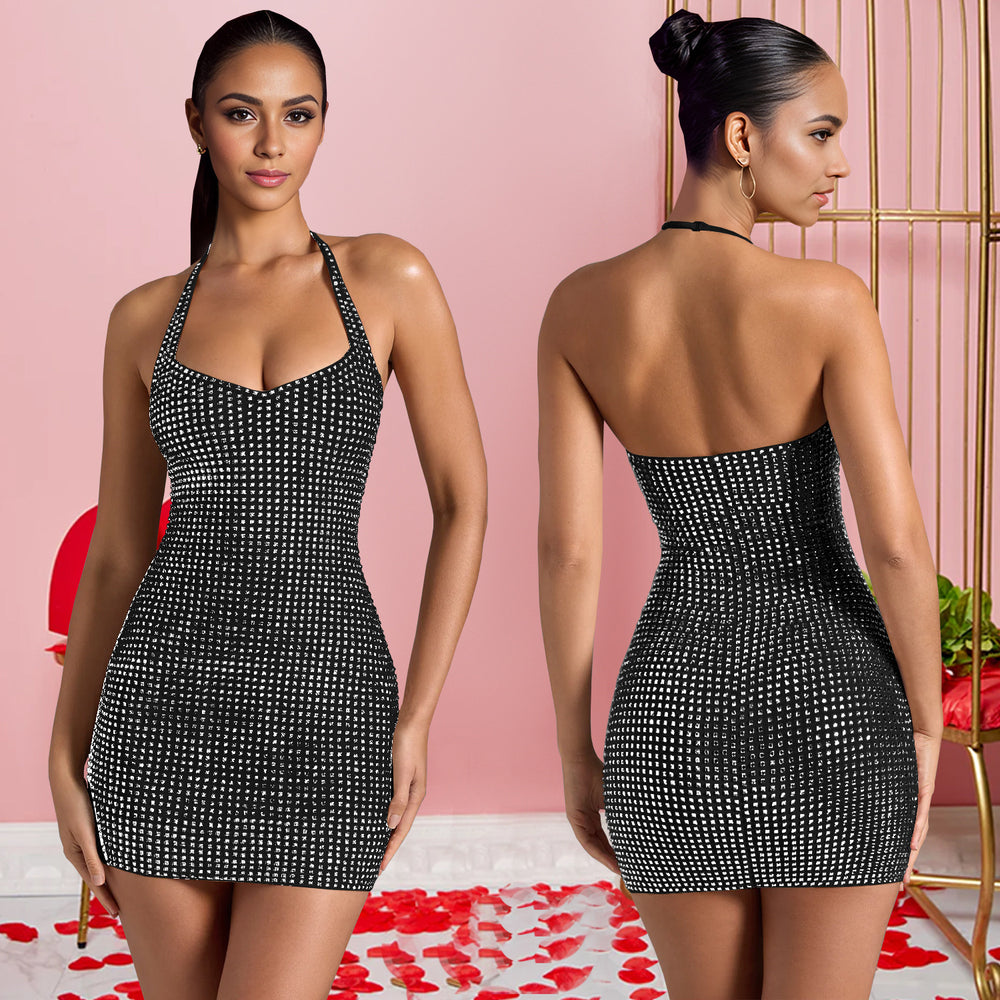 C7179 cross-border   fashion women's sexy halter neck rhinestone bodycon mini dress