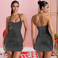 C7179 cross-border   fashion women's sexy halter neck rhinestone bodycon mini dress