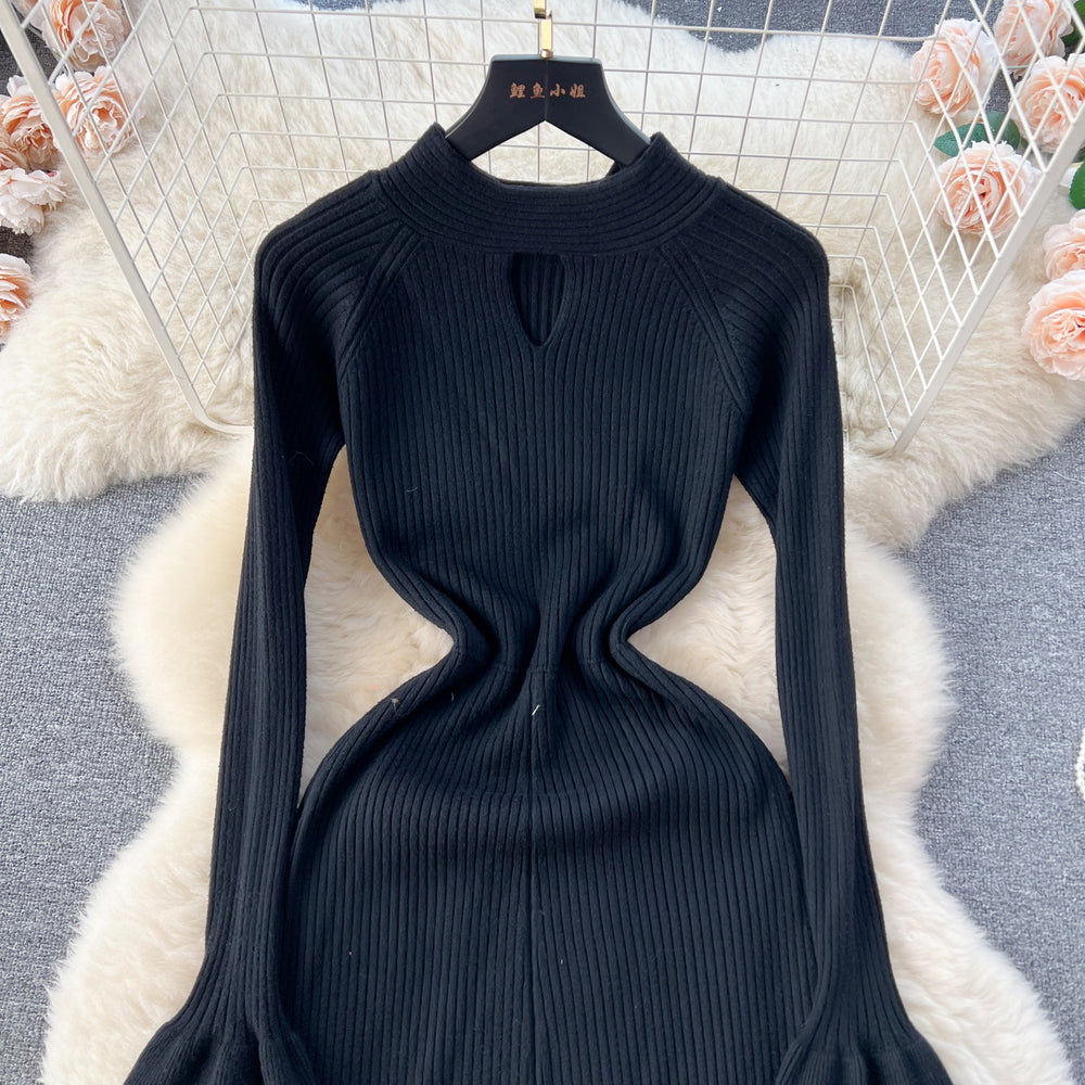 Autumn/winter soft & chic: women's knitted dress - designer cutout, cinched waist, flared sleeves, elegant knit dress