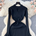 Autumn/winter soft & chic: women's knitted dress - designer cutout, cinched waist, flared sleeves, elegant knit dress