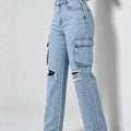 European and american style women's high-waisted distressed denim cargo pants - vintage washed straight leg jeans, american trendy women's denim trousers