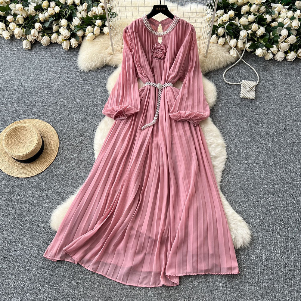 Frenchclassy heavy industry studded cut out round neck stereo flower lantern sleeves strappy waist pleated chiffon dress